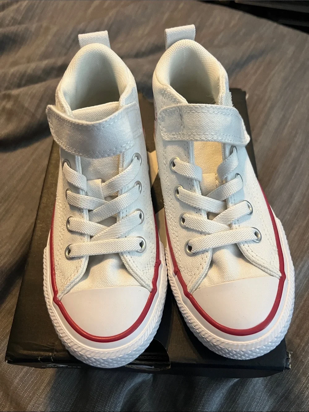 Converse Kids White Canvas High Top Sneakers with Red & Navy Trim